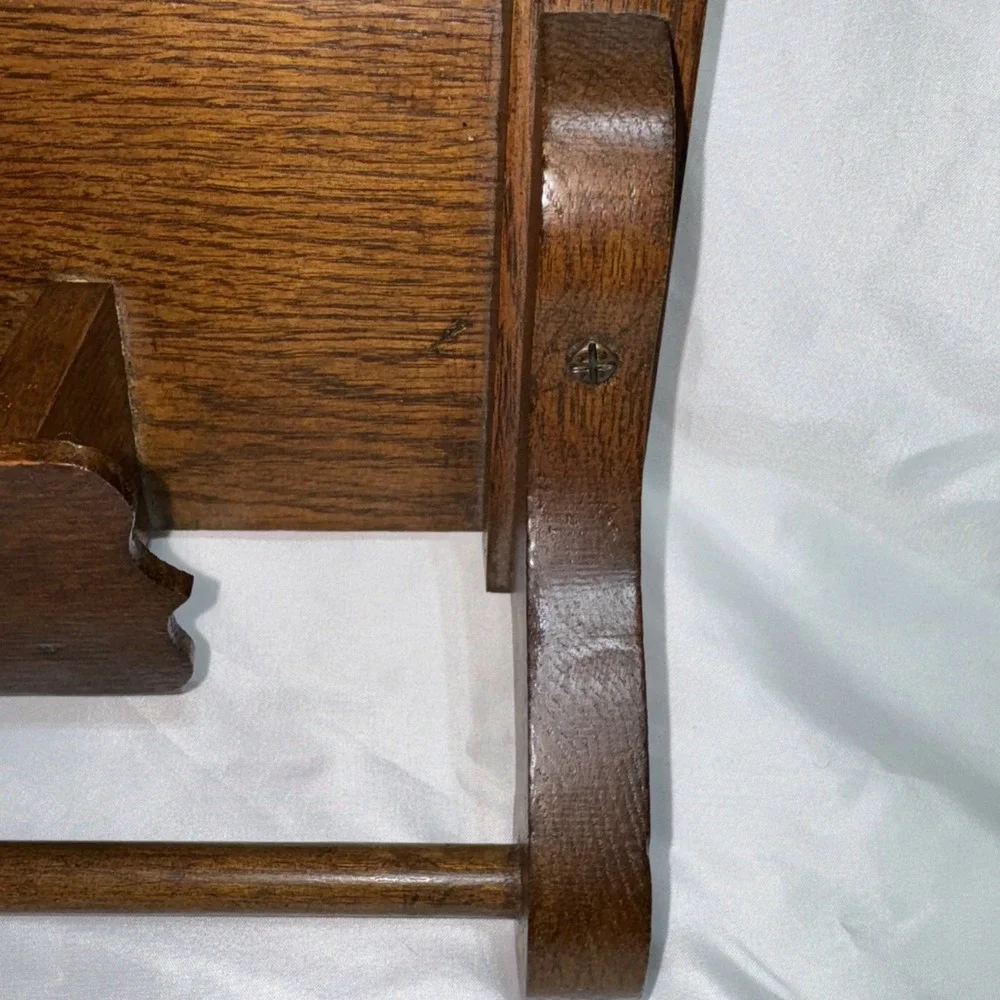 Antique Oak Wood Wall Shaving Mirror Towel Rack & Accessory Box Wall Hang